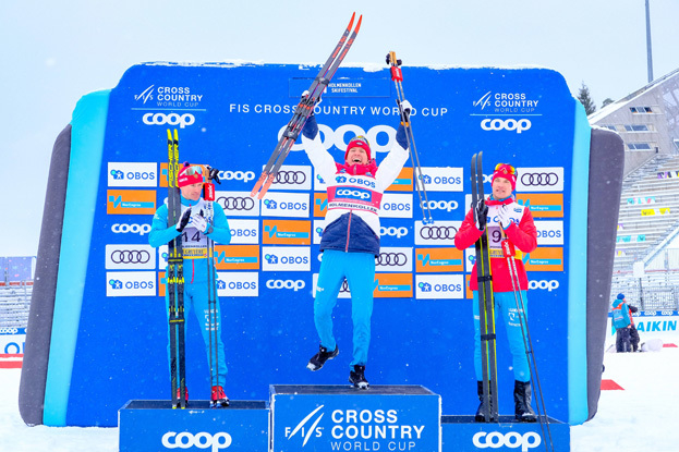 Максим Вылегжанин, Александр Большунов и Андрей Ларьков в Хольменколлене. Максим Вылегжанин, Александр Большунов и Андрей Ларьков в Хольменколлене