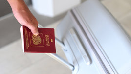 Рука с российским паспортом и чемоданом.