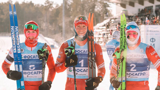 Призеры лыжного марафона на Спартакиаде: Сергей Ардашев, Александр Большунов, Савелий Коростелев.