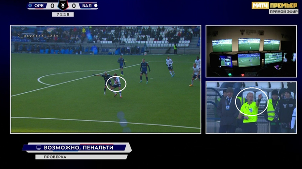 Кирилл Капленко играет рукой в мяч. Владимир Москалев назначает пенальти.