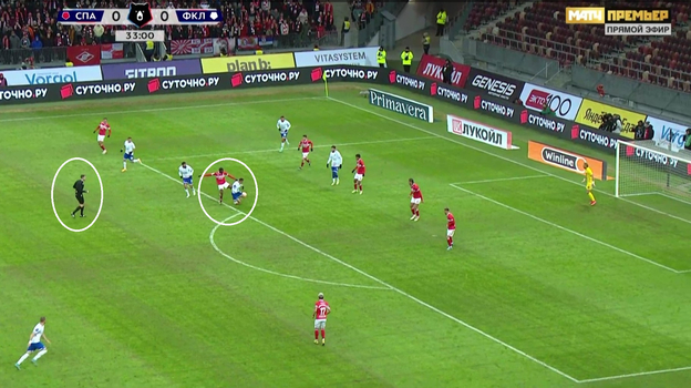 Артем Любимов поначалу не фиксирует фол Кристофера Мартинса, а делает это только после вмешательства ВАР.