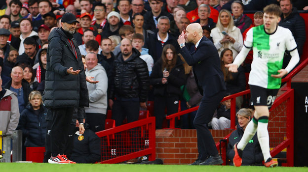 Юрген Клопп и Эрик тен Хаг. Главный тренер «Ливерпуля» Юрген Клопп и тренер «Манчестер Юнайтед» Эрик тен Хаг