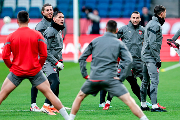 Срджан Бабич и Милан Гайич во время тренировки сборной Сербии.