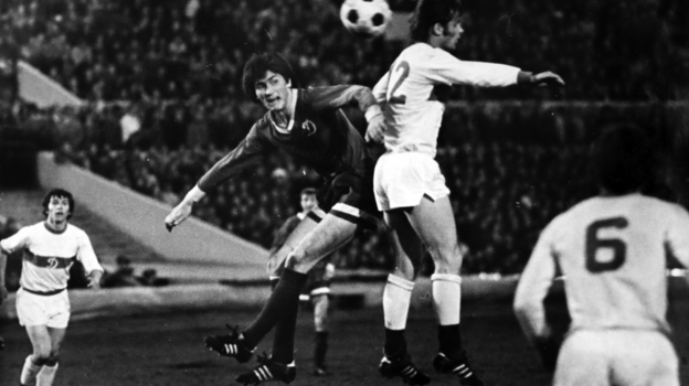 Вадим Павленко и Виктор Маслов в матче чемпионата СССР 1974 года «Динамо» (Москва) — «Динамо» (Киев).