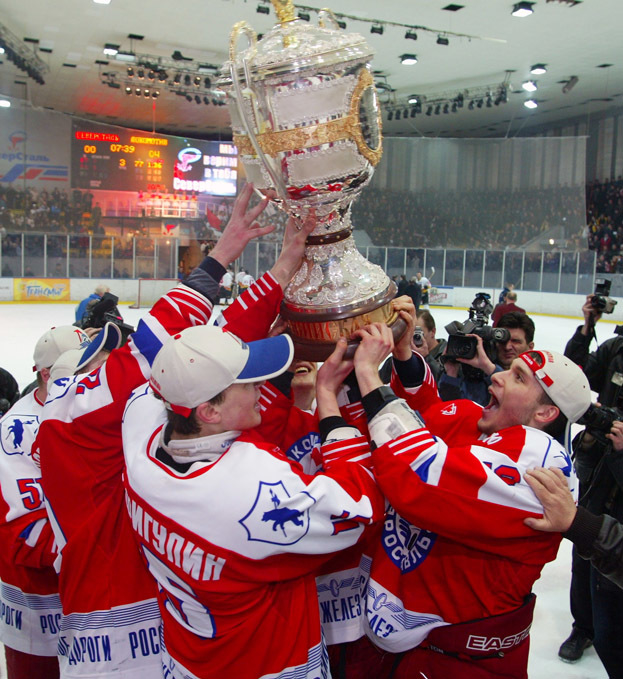 Хоккеисты «Локомотива» празднуют победу в чемпионате России в 2003 году. Хоккеисты «Локомотива» празднуют победу в чемпионате России в 2003 году