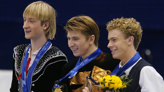 Евгений Плющенко, Алексей Ягудин и Тимоти Гейбл на Олимпиаде в Солт-Лейк-Сити в 2002 году. Фигуристы Евгений Плющенко, Алексей Ягудин и Тимоти Гейбл на Олимпиаде в Солт-Лейк-Сити в 2002 году