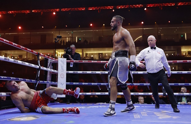 Сергей Ковалев в нокдауне после удара Робина Сафара.