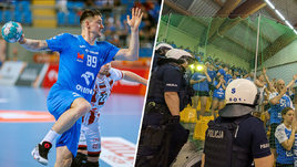 Гандболист Дмитрий Житников и фанаты с полицией на трибуне стадиона