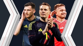 Футболисты Эндрю Робертсон, Мануэль Нойер и Шердан Шакири (слева направо).