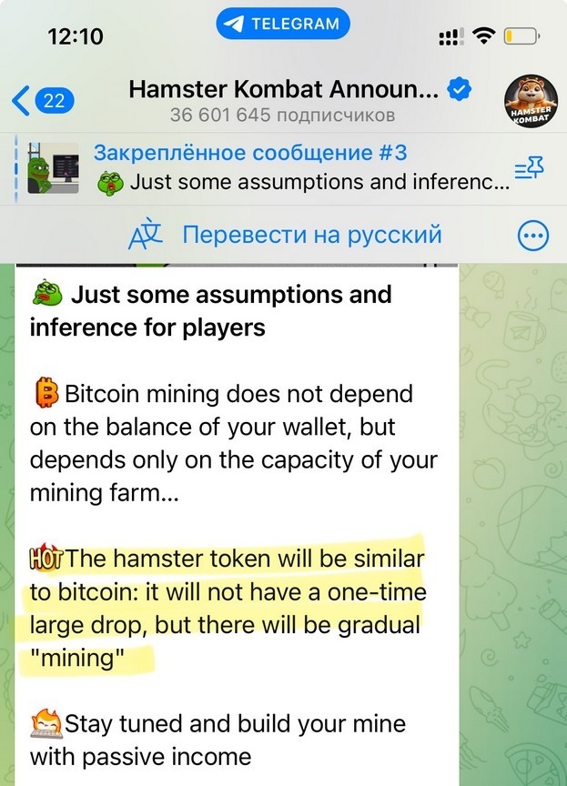 О важности пассивного дохода хомяка говорили и разработчики в Telegram.