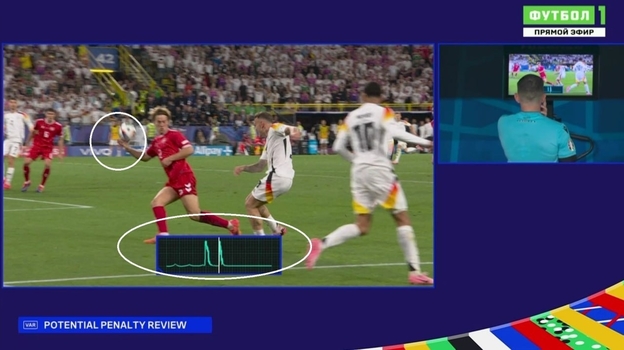 Момент с попаданием мяча в руку Йоахима Андерсена в матче с Германией.