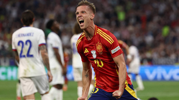 Дани Ольмо празднует гол в ворота сборной Франции. Футболист сборной Испании Дани Ольмо празднует гол в ворота сборной Франции на Евро-2024