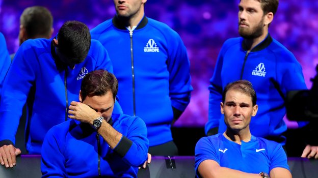 Новак Джокович, Роджер Федерер и Рафаэль Надаль на прощальном матче швейцарца.