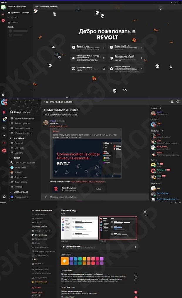 Revolt выглядит очень похоже на Discord.
