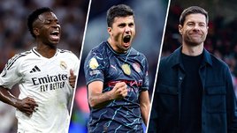 Нападающий «Реала» Винисиус Жуниор, полузащитник «Манчестер Сити» Родри и главный тренер «Байера» Хаби Алонсо