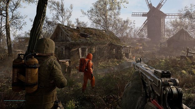 Ученый (в оранжевом костюме) в сопровождении сталкеров.