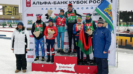 Призеры одиночной смешанной эстафеты на этапе Кубка России по биатлону в Ханты-Мансийске