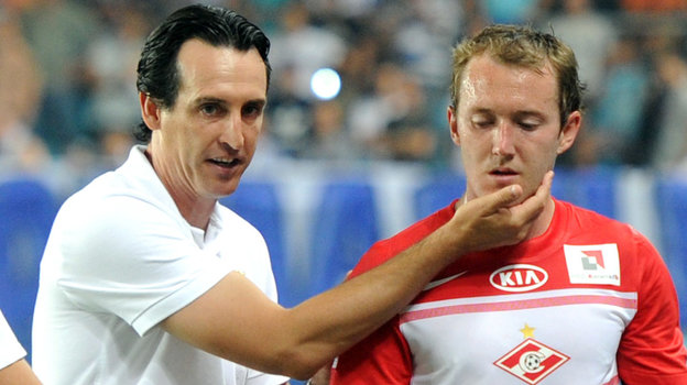 Унаи Эмери и Эйден Макгиди. 2012 год. Футболист «Спартака» Эйден Макгиди и тренер Унаи Эмери.