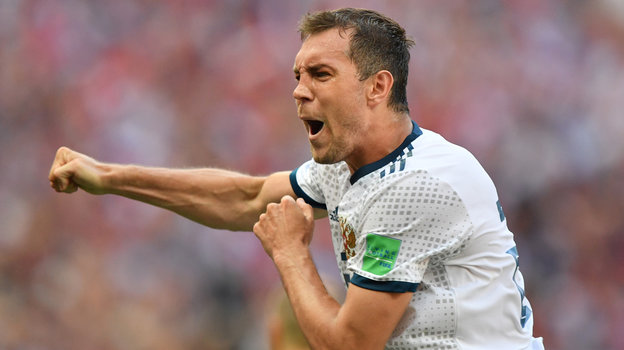 Артем Дзюба. Футболист Артем Дзюба празднует гол в матче Россия — Испания. 1 июля 2018 года. Москва