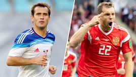 Футболисты Александр Кержаков и Артем Дзюба в матчах за сборную России