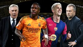 Главный тренер «Реала» Карло Анчелотти, футболист «Реала» Винисиус, футболист «Барселоны» Дани Ольмо и главный тренер «Барселоны» Ханс Флик