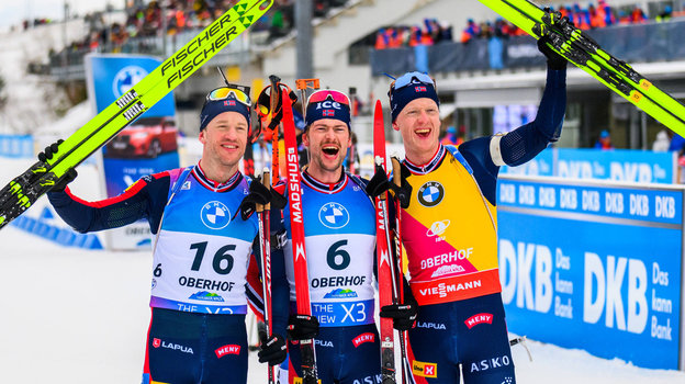 Биатлонисты Тарьей Бе, Штурла Легрейд и Йоханнес Бе