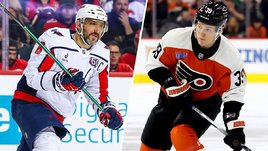 Форвард клуба НХЛ «Вашингтон Кэпиталз» Александр Овечкин и форвард клуба НХЛ «Филадельфия Флайерз» Матвей Мичков