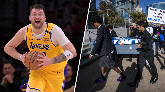 Баскетболист «Лейкерс» Лука Дончич и болельщики «Далласа» с гробом около стадиона