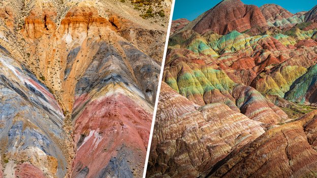 Кызыл-Чин, Россия; Цветные горы Чжанъе Данься, Китай. Кызыл-Чин, Россия; Цветные горы Чжанъе Данься, Китай.