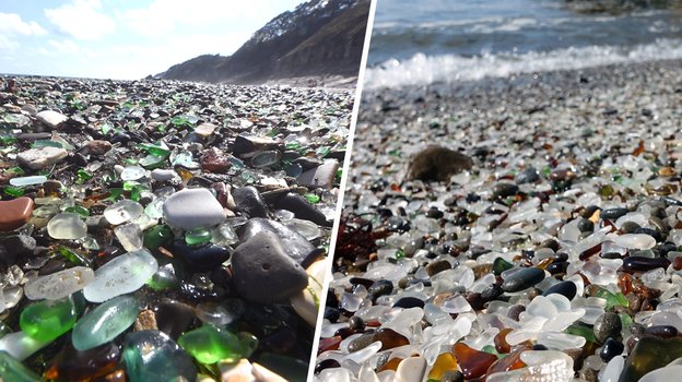 Бухта Стеклянная во Владивостоке; стеклянный пляж в Калифорнии. Бухта Стеклянная во Владивостоке; стеклянный пляж в Калифорнии