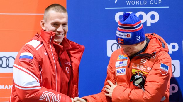 Александр Большунов и Йоханнес Клебо в 2019 году.