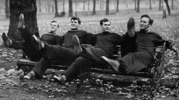 Футболисты «Спартака» Борис Татушин, Анатолий Исаев, Анатолий Ильин и Алексей Парамонов на тренировке в Москве. 1950-е годы.