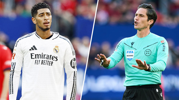 Футболист Джуд Беллингем и судья Хосе Луис Мунуэра Монтеро в матче «Реал» — «Осасуна» (1:1). 15 февраля.