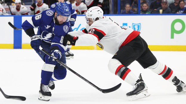 Никита Кучеров и Артем Зуб. Хоккеисты Никита Кучеров и Артем Зуб в матче НХЛ «Тампа-Бэй» — «Оттава»