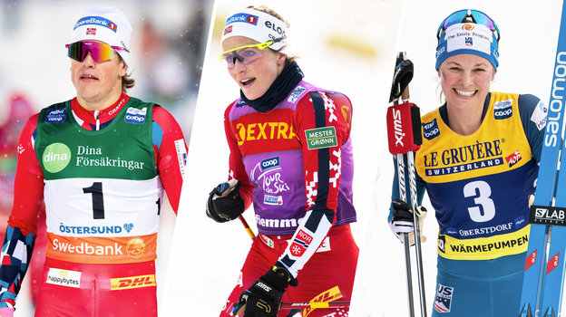 Лыжники Йоханнес Клебо, Тереза Йохауг и Джессика Диггинс