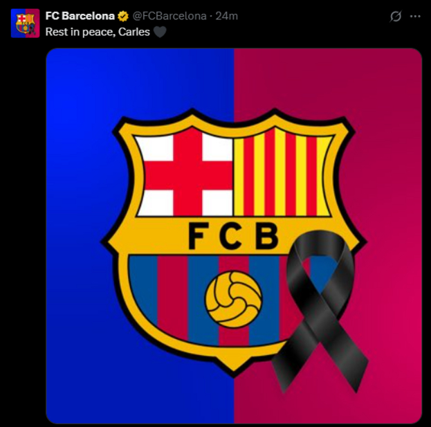 Пост «Барселоны» в соцсети X после смерти Карлеса Миньярро Гарсии.