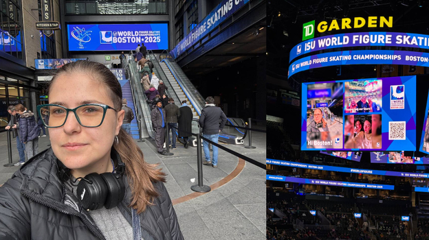 Виктория Чеботаева на чемпионате мира — ее селфи показывалось на кубе во время перерыва.