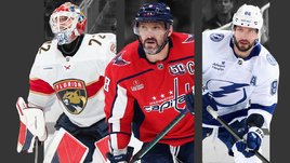 Хоккеисты Сергей Бобровский, Александр Овечкин и Никита Кучеров