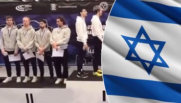 Фехтовальщики сборных Швейцарии и Израиля, флаг Израиля