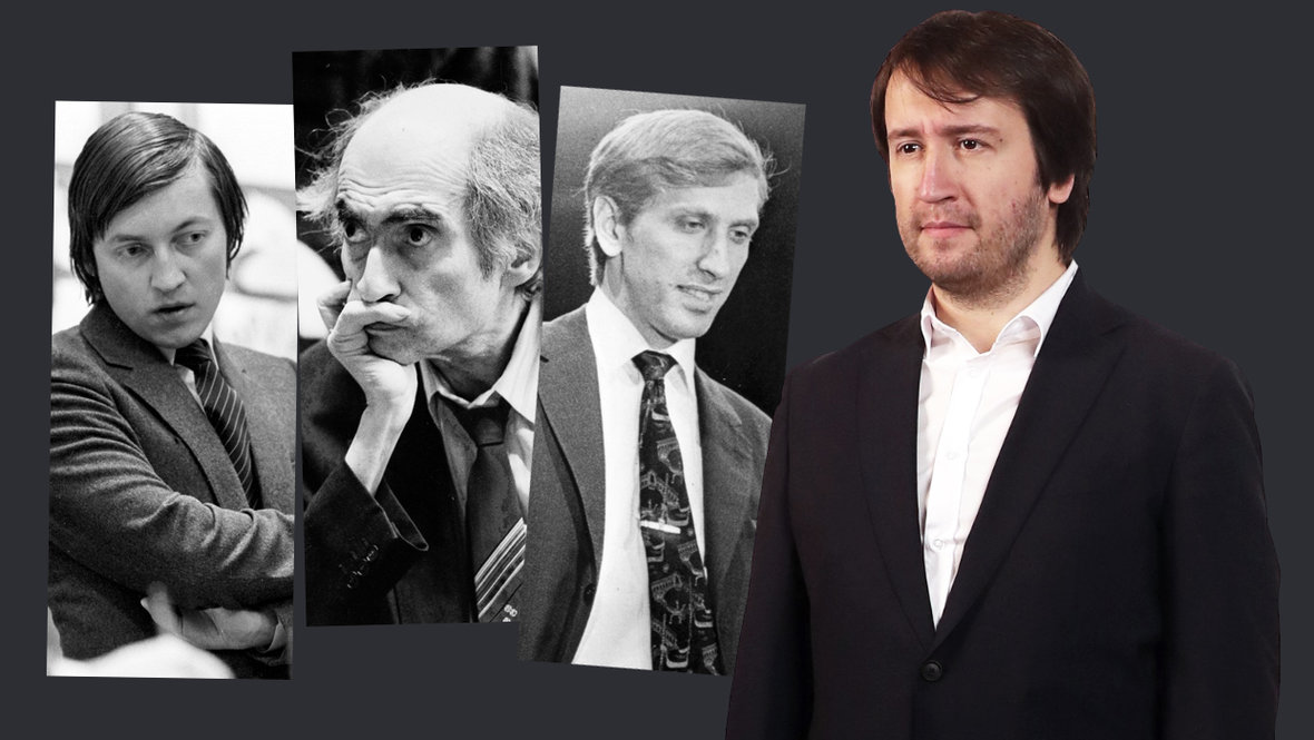 Шахматисты Анатолий Карпов, Михаил Таль, Бобби Фишер и Теймур Раджабов