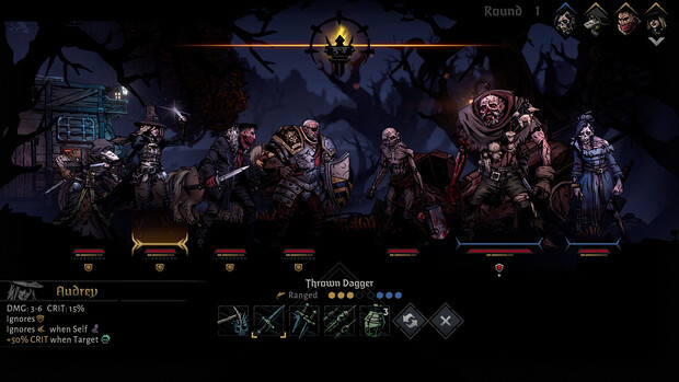 Вид на поле битвы в Darkest Dungeon 2.