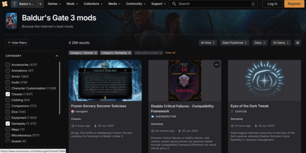 Страница Baldur s Gate 3 модов на NexusMods.