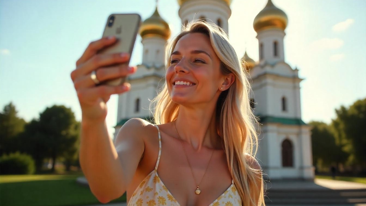 Девушка делает селфи на фоне храма