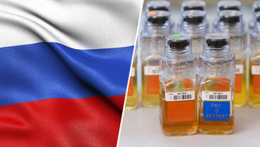 Флаг России и пробирки для сбора допинг-проб