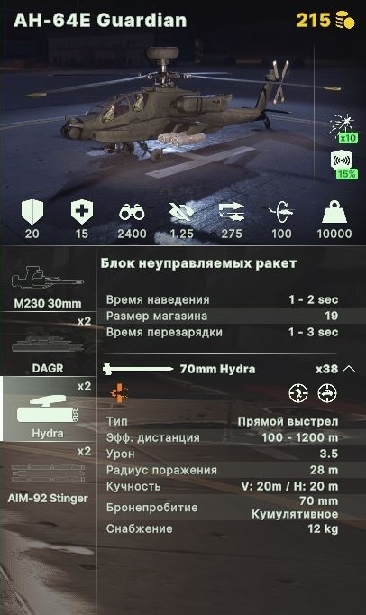 Окно характеристик AH-64E «Guardian».