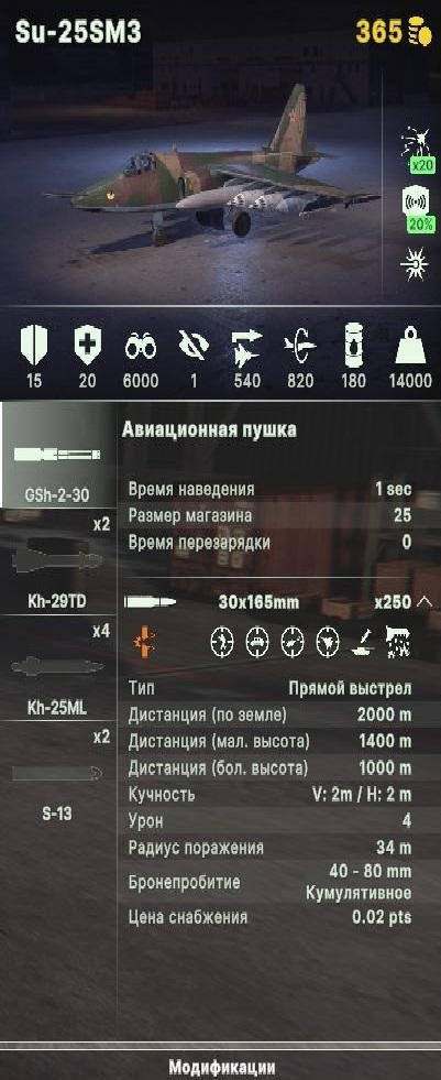 Окно характеристик Су-25СМ3 «Грач».