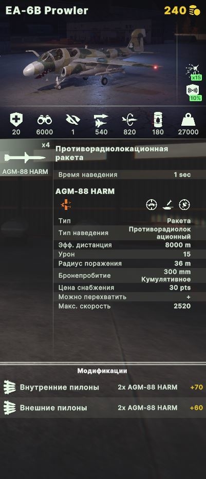 Окно характеристик EA-6B «Prowler».