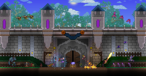 Скриншот с замком и NPC в Terraria.