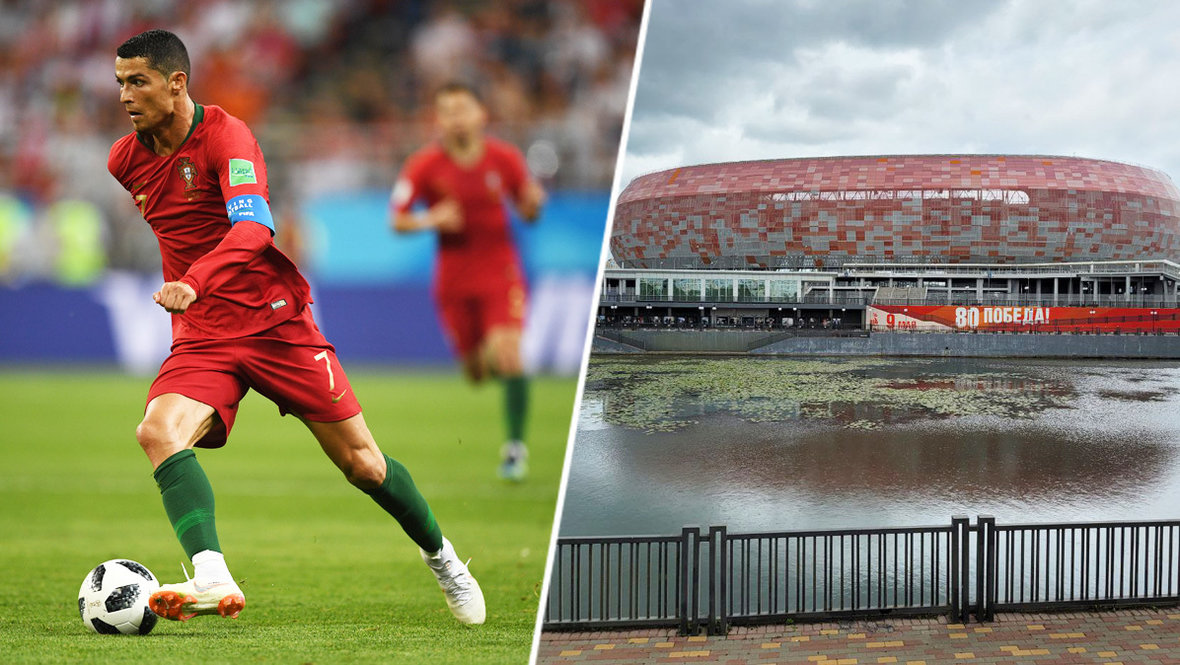 Футболист сборной Португалии Криштиану Роналду и вид стадиона «Мордовия Арена» в Саранске