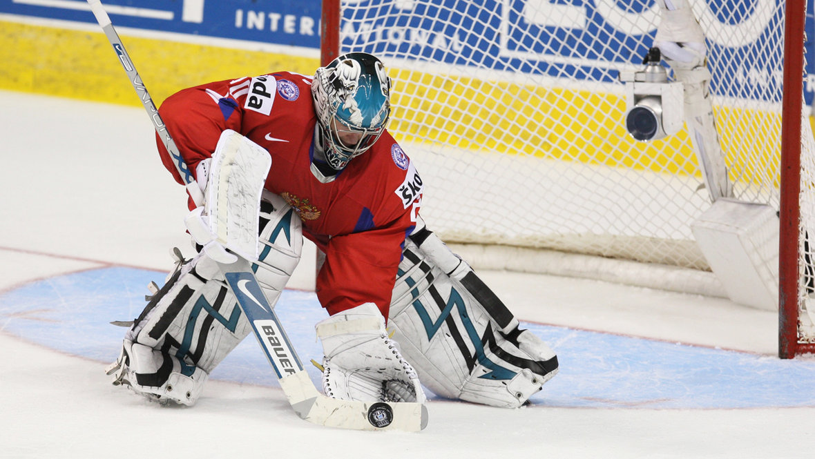 Вратарь Евгений Набоков в финальном матче чемпионата мира Канада — Россия (4:5 ОТ) 18 мая 2008 года
